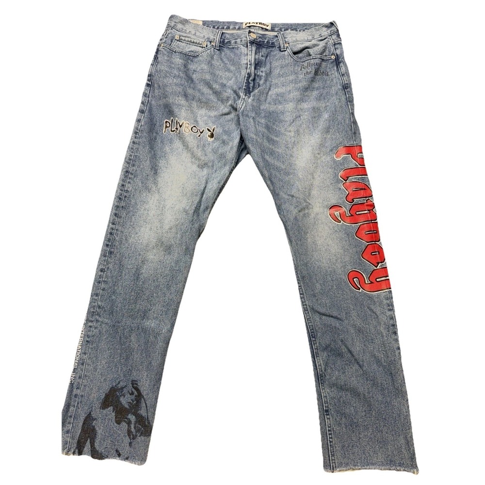 Playboy Men Denim 36W 32L Streetwear Pacsun Jeans Rare Lost Years Graffiti Print